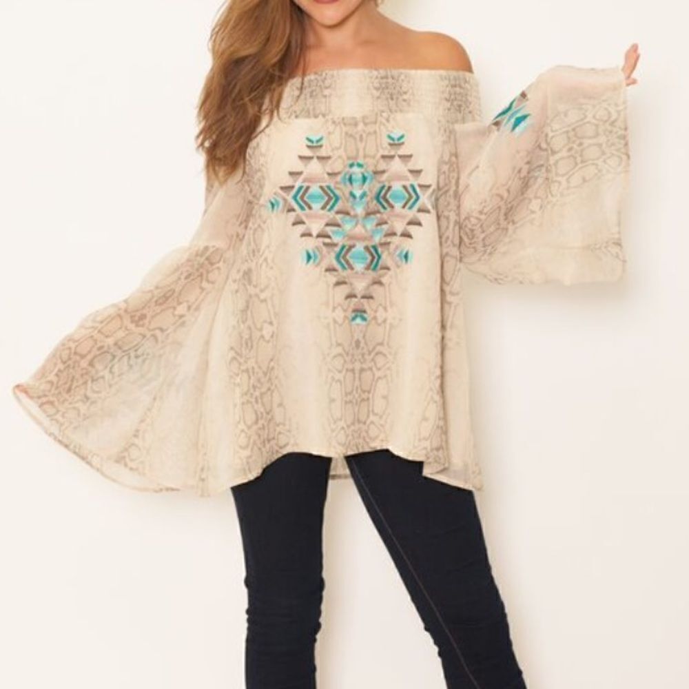 Judith March Green Snake Print Embroidered Off The Shoulder Top Size M - Picture 11 of 11